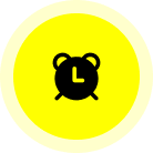 Yellow circle with black alarm clock icon.