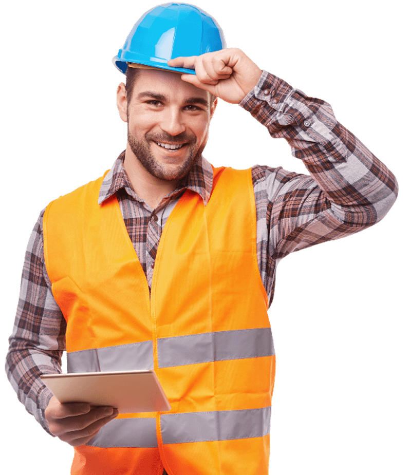 Construction worker in safety gear smiling.